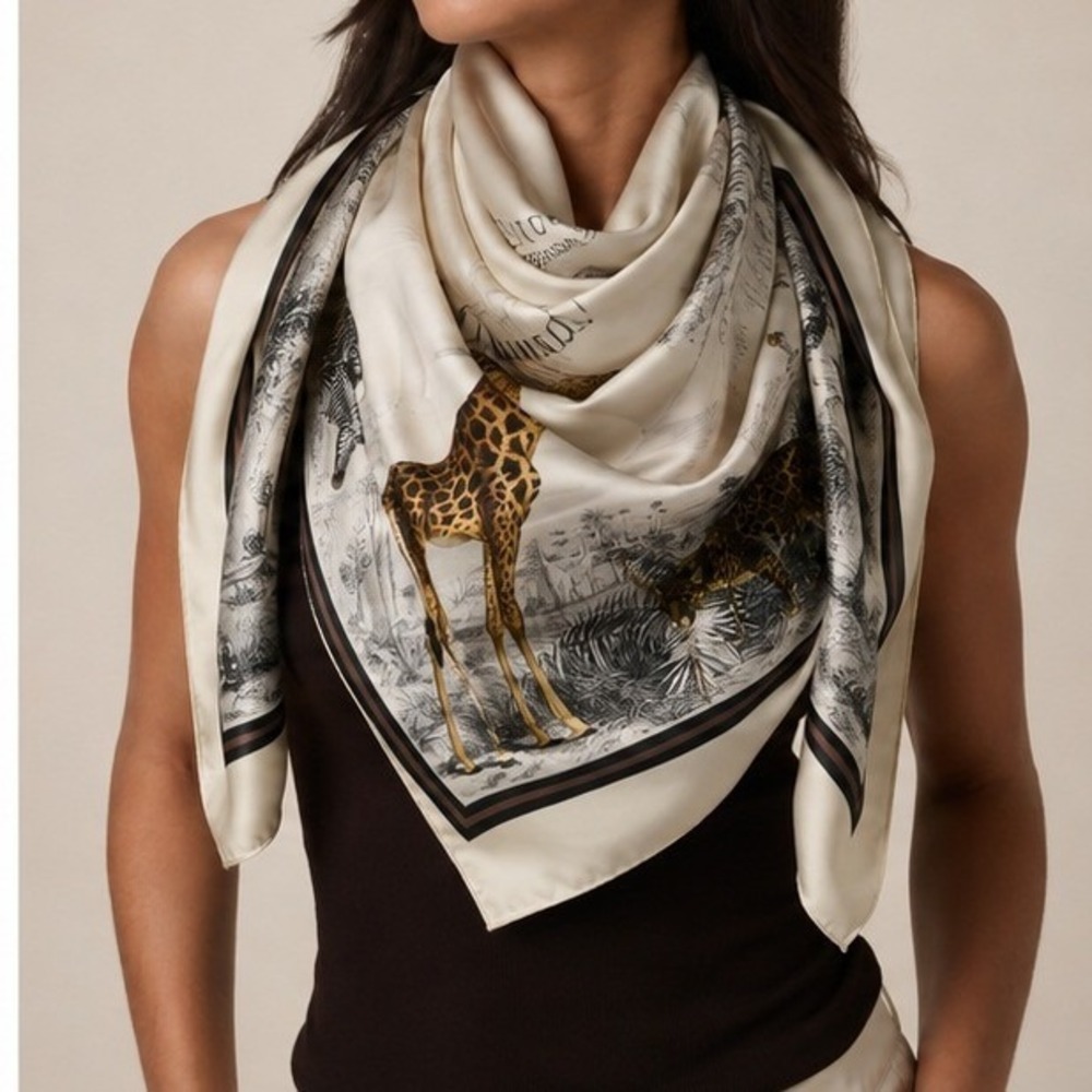 Banana Republic Signature  Silk Safari Wildlife Square Scarf Cream 43in x 43in